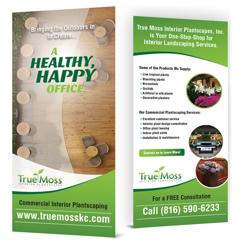 Image of the front and back panels of the rack card that Andrew Lee Smith designed for client True Moss Interior Plantscapes